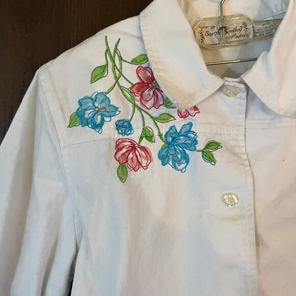 Sarah Bentley Embroidered Floral Shirt Jacket Women’s White Button Size M Vtg‎ - Picture 2 of 7